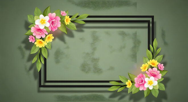 Floral frame with pink and yellow blossoms and green leaves on a muted green background