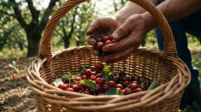 Wooden basket with cherries