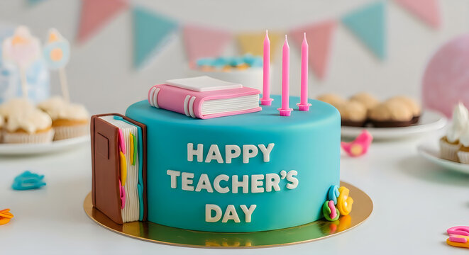 Celebratory cake with books and candles for happy teachers day with party decorations