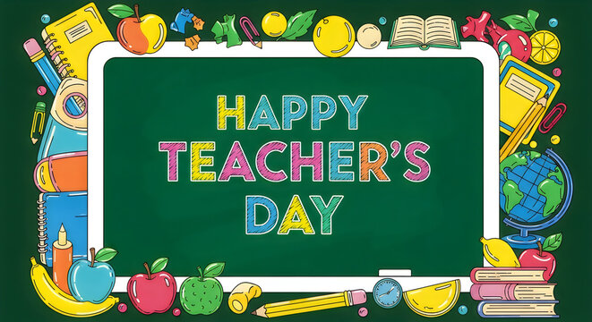Happy Teachers Day illustration with school supplies and a green chalkboard background