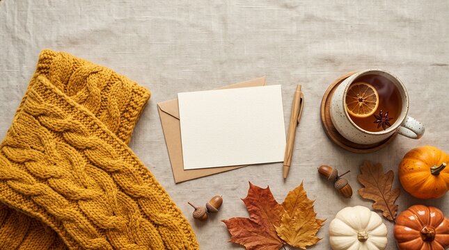 Autumn Flat Lay with Pumpkins, Cinnamon Sticks, Maple Leaves, Pinecones, Candles and Blank Notebook on Rustic Wood