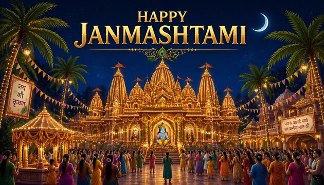 Lord krishna janmashtami celebration in hindu temple with devotees and traditional decorations