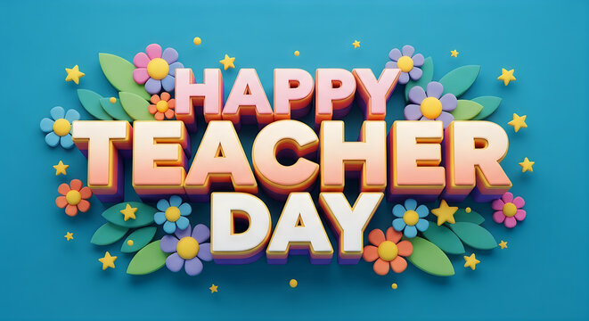 Happy Teacher Day colorful 3d typography with flowers and stars on a bright blue background