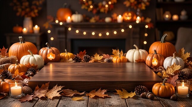 Premium Halloween Ecommerce Product Display Background with Pumpkins, Autumn Leaves, Rustic Wood and Clean Central Platform