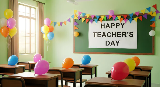 Classroom decorated for happy teachers day with balloons and a celebratory banner