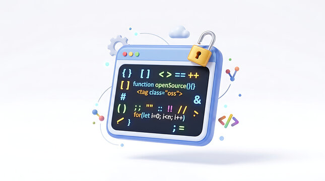 3D render of a code editor window with programming symbols, a padlock, and abstract tech elements, representing cybersecurity and open-source development.