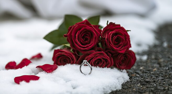 Red roses and a diamond ring rest in soft snow, petals scattered