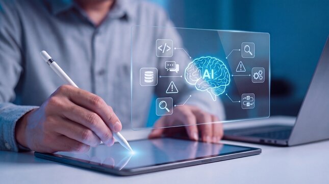 Professional using stylus on tablet with glowing AI brain and tech icons dashboard, Software developer integrating machine learning and coding concepts on a virtual screen