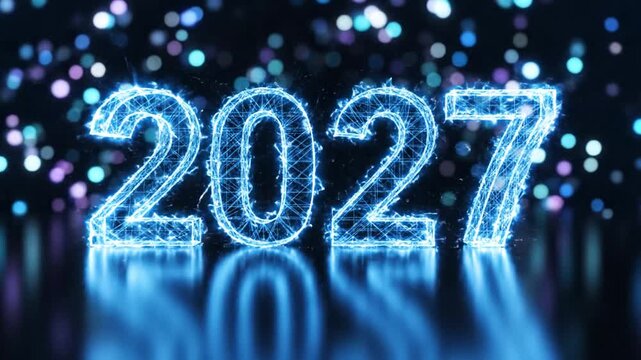 Glowing digital 2027 numbers on dark reflective surface