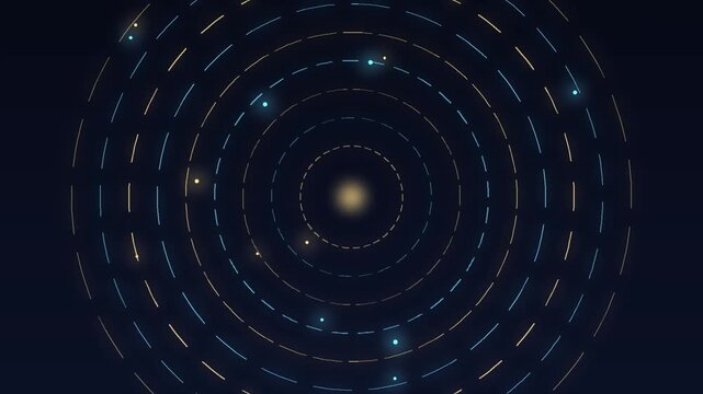 Cosmic particle rings swirl in deep space with glowing blue light trails and star motion