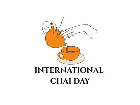 International Chai Day celebration poster featuring elegant minimalist line art of hands pouring tea from an orange teapot into a matching cup isolated on a white background