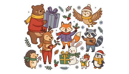 Obraz premium Cute winter forest animals vector set featuring Christmas bear fox owl deer rabbit raccoon penguin and festive holiday gifts