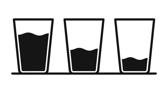 Three glasses of liquid showing different volume levels in this minimalist vector graphic illustration for beverage and scientific measurement concepts
