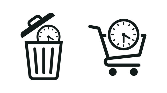 Minimalist vector graphic illustration showcasing clock inside a trash can and a shopping cart, representing waste of time versus commerce