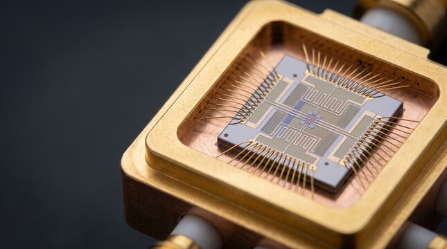 Macro view of a high frequency microchip processor mounted in a gold plated metal housing