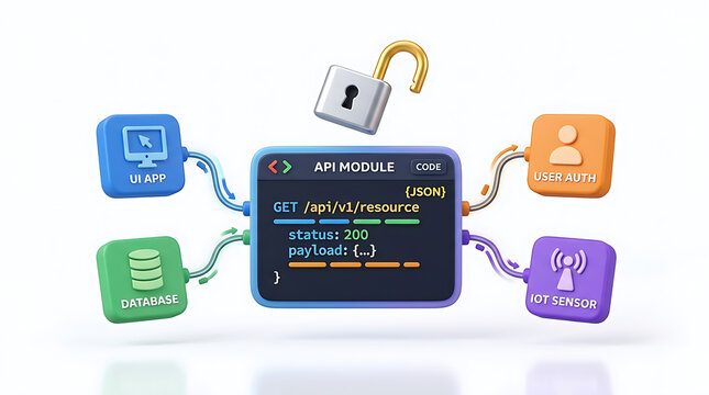 Conceptual diagram illustrating an API module facilitating secure communication and data flow between various system components like UI apps, databases, and IoT sensors.