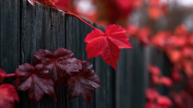 Vibrant red leaves draped over a weathered wooden fence, autumn beauty