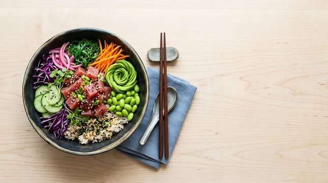 Fresh tuna poke bowl with colorful vegetables and avocado rose