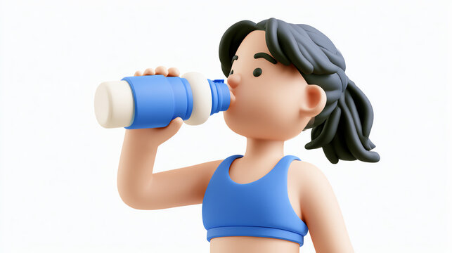 A cartoon character in athletic attire drinks water from a sports bottle, emphasizing hydration and fitness during workouts. Ideal for health-related themes.