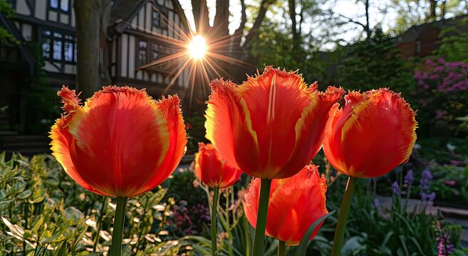 Vibrant tulips bloom as sunburst shines over a Tudor-style home