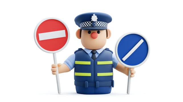 A cartoon-style police officer character holding a stop sign and a directional sign. Perfect for educational materials on traffic rules and safety.