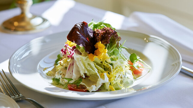 Fresh gourmet salad plated beautifully with mixed greens, edible flowers, and a creamy dressing, representing healthy upscale cuisine