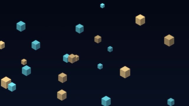3D golden cubes floating and rotating with glowing blue light effects on dark background