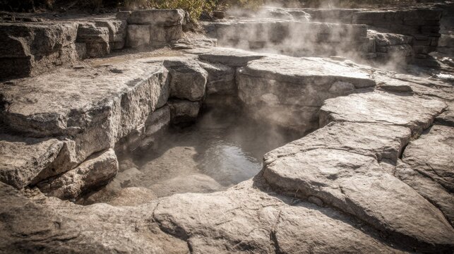 Submerged opening in a volcanic rock pool with rising geothermal steam