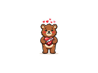Fototapeta premium A Cute Bear Holds A Red Heart-Shaped Box Of Chocolates Adorned With A Ribbon, Surrounded By Floating Hearts In A Romantic Scene, Vector Illustration