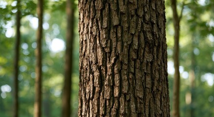 Obraz premium Close-up textured bark of a mature tree trunk in a sunlit forest