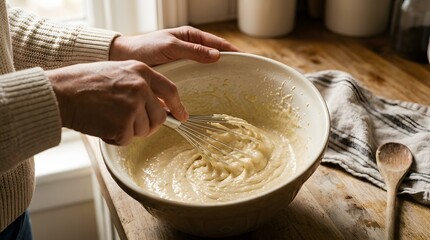Fototapeta premium Person Whisking Cake Dough Batter With Wire Whisk in Ceramic Mixing Bowl on Wooden Kitchen Table
