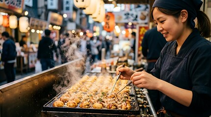 Fototapeta premium Smiling woman preparing takoyaki at a japanese street food market