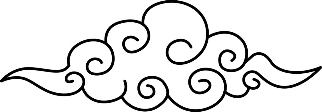 Decorative Swirling Cloud Ornament PNG Isolated on Transparent Background, elegant black line design with curled cloud shapes and flowing ornamental curves