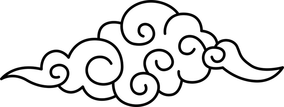 Curled Cloud Decorative Ornament PNG Isolated on Transparent Background, black hand drawn outline featuring swirling circles, cloud forms, flowing curves and flourishes