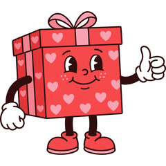 Naklejka premium Retro Cartoon Gift Box Mascot Character Showing Thumbs Up for Valentine and Birthday Celebration