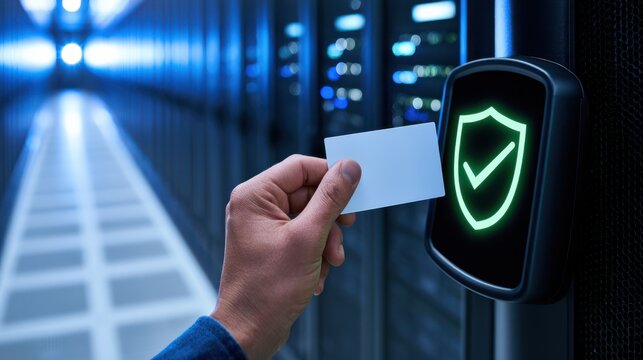 A person uses a card key to access a secure server room, with a digital shield and checkmark indicating authorized entry.