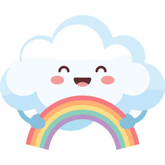 Fototapeta premium Cute Kawaii Smiling Cloud Character Holding a Colorful Rainbow Vector Illustration