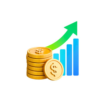 3D render of a growing financial chart with a stack of golden currency coins showing positive economic growth and investment profit performance