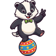Naklejka premium Cheerful Cartoon Badger Wearing a Green Bow Tie Balancing Playfully on a Colorful Polka Dot and Star Patterned Circus Ball