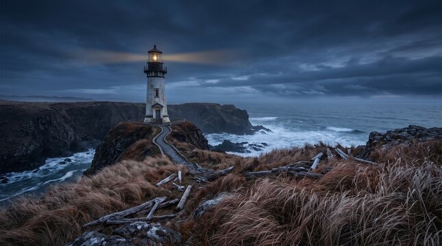 A spooky lighthouse standing on a dark cliffside overlooking a stormy ocean perfect for a moody halloween seasonal background