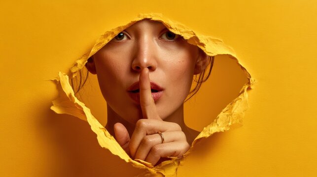 A woman peeks through torn yellow paper, holding a finger to her lips in a shushing gesture, conveying secrecy or silence.