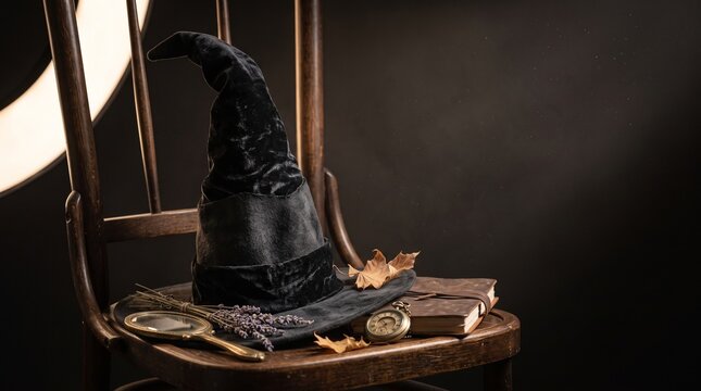 A mysterious black witch hat resting on a wooden chair with vintage accessories for a spooky halloween holiday celebration