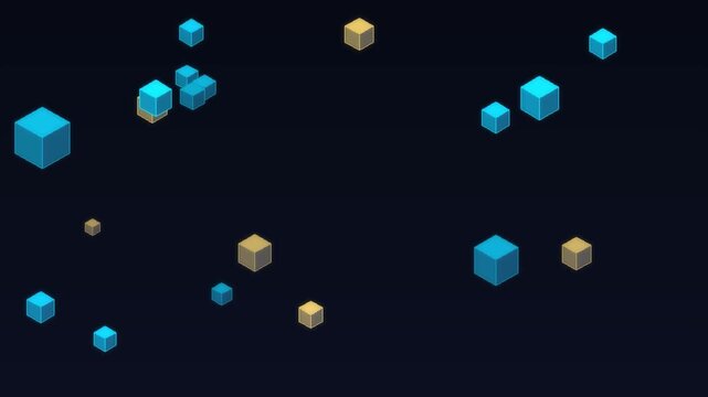 3D glowing cubes and spheres floating in dark space with neon blue and gold light effects