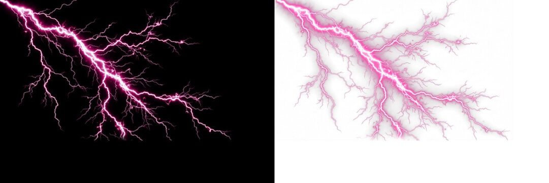 Pink lightning bolt strike isolated on black and white background