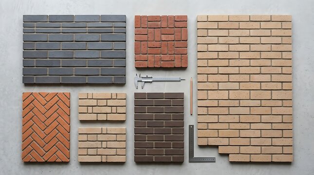 Various brick masonry samples and architectural tools on gray surface