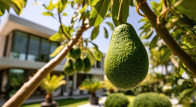 Ripening avocado on a tree branch in front of a modern home