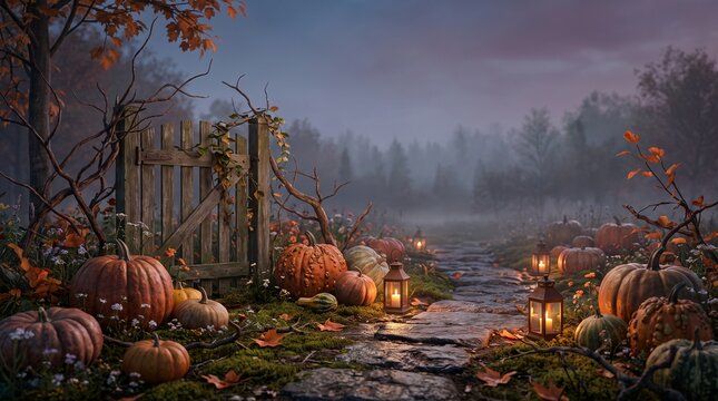 A spooky halloween scene featuring glowing jack o lanterns and old stone ruins in a misty dark forest landscape