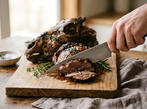 Hand Using Chef Knife Slicing Roasted Lamb Head Meat On Wooden Cutting Board With Fresh Herbs