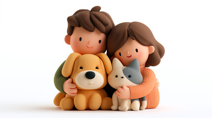Fototapeta premium A cheerful couple embraces their pets, showcasing the joy of companionship and love between people and animals in a vibrant, playful style.