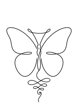 Continuous line drawing of a butterfly with an unalome symbol, minimalist butterfly art, elegant butterfly tattoo design
